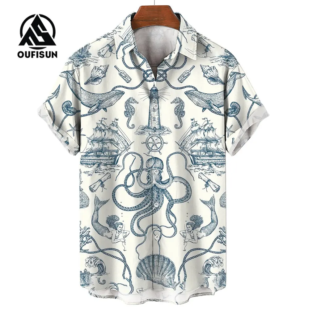 Camisa de manga corta para hombre, Tops con estampado de ancla de brújula náutica a la moda de verano, camisas holgadas informales para hombre, talla grande S-5XL