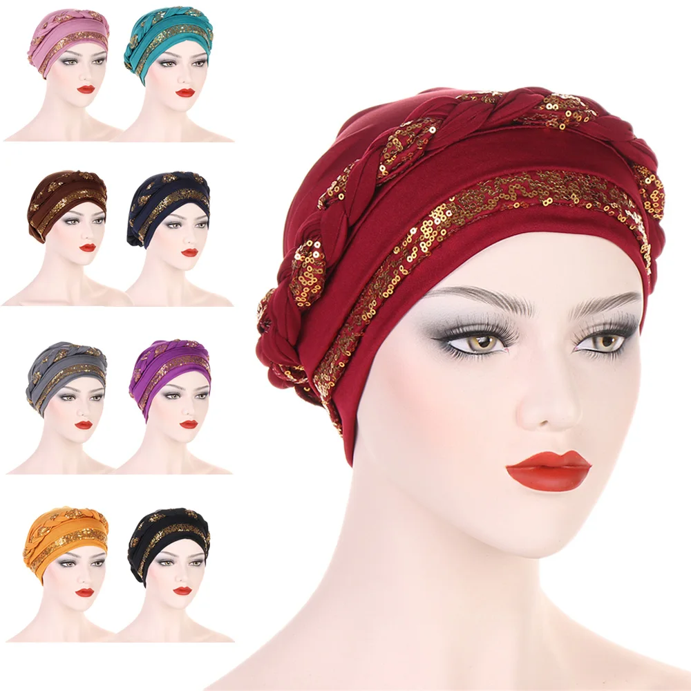 

2024 New Women's Hair Care Islamic Jersey Head Scarf Muslim Hijab Sequins Braid Wrap Stretch Turban Hat Chemo Cap Head Wrap Caps