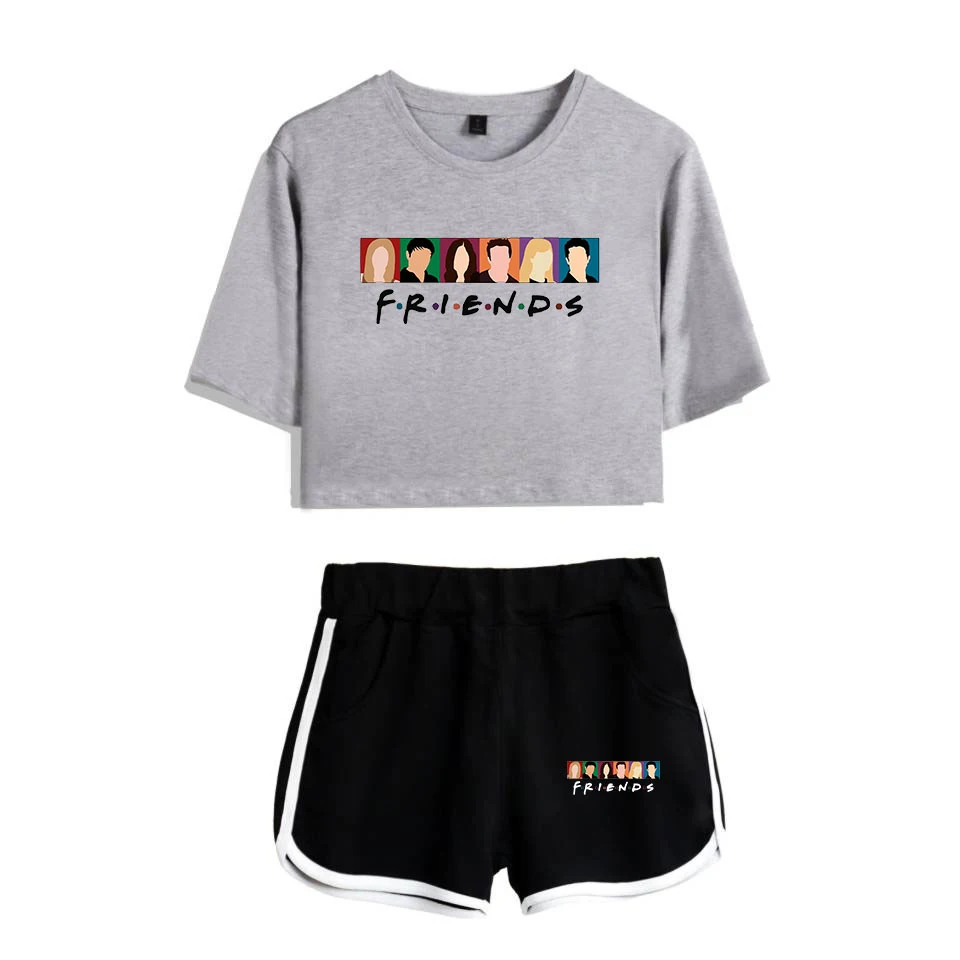 Fashion Youthful Trendy Show I'll Be There for You Short Sleeve Shorts+lovely T-shirts Dew navel Girl suits Two Piece Set