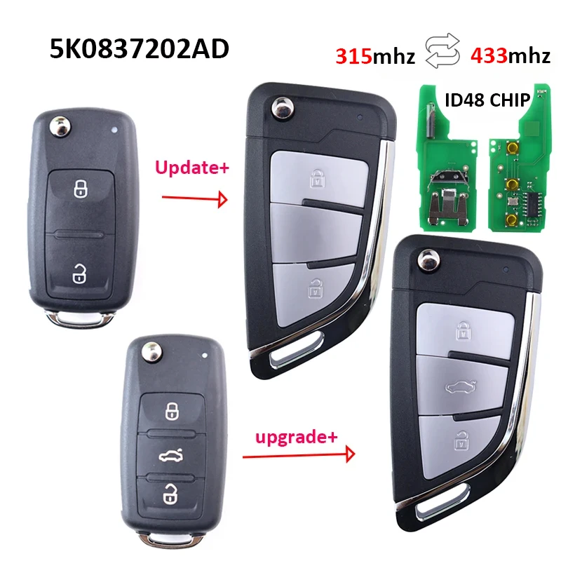 434/315MHZ ID48CHIP Car Key Remote for VW for VOLKSWAGEN Caddy Eos Golf Jetta Beetle Polo Up Tiguan Kombi Touran 5K0837202AD