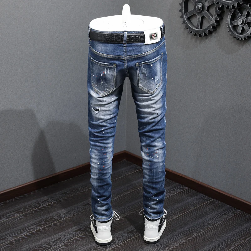 Fashion Designer Men Jeans Retro Blue Elastic Stretch Slim Fit Ripped Jeans Men Streetwear Painted Vintage Denim Pants Hombre