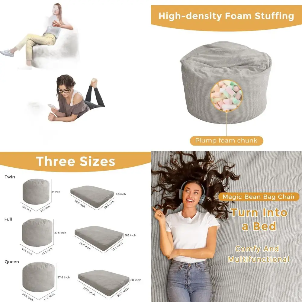 

Adult Convertible Bean Bag Chair Bed, Transforms to Floor Mattress, Large Sofa Couch, High-Density Foam, Machine Washable