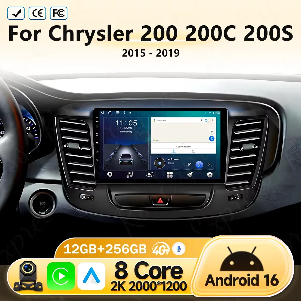 For Chrysler 200 200C 200S 2015 - 2019 Android 16 Car Radio Stereo Multimedia Navigation Carplay WIFI 4G WIFI 2K QLED Screen GPS