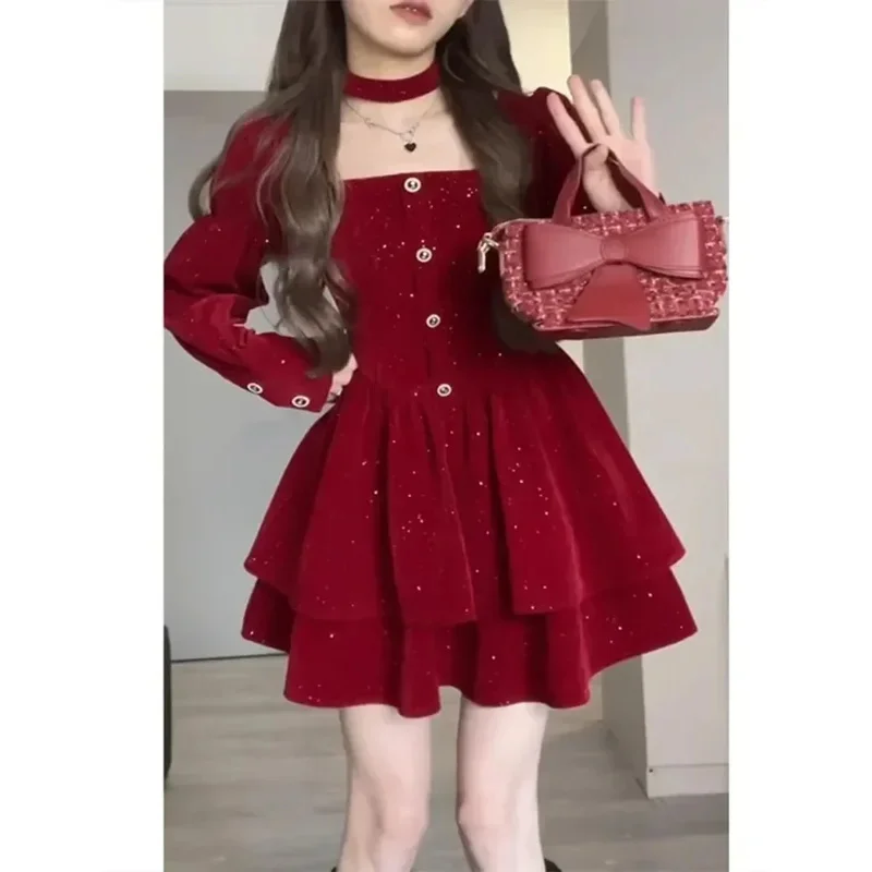 

Korejepo женское бархатное платье с французским квадратным вырезом, осень-зима, тонкое рождественское новогоднее платье-халат, милое платье богини 2024