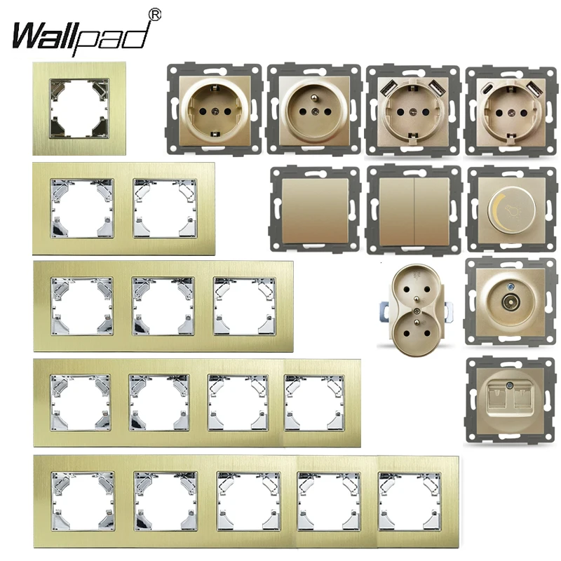 

DIY EU Gold Brushed Push Round Box Light Fan Dimmer Switch Wall 16A Russia French Power Socket with USB TypeC Outlet Wallpad