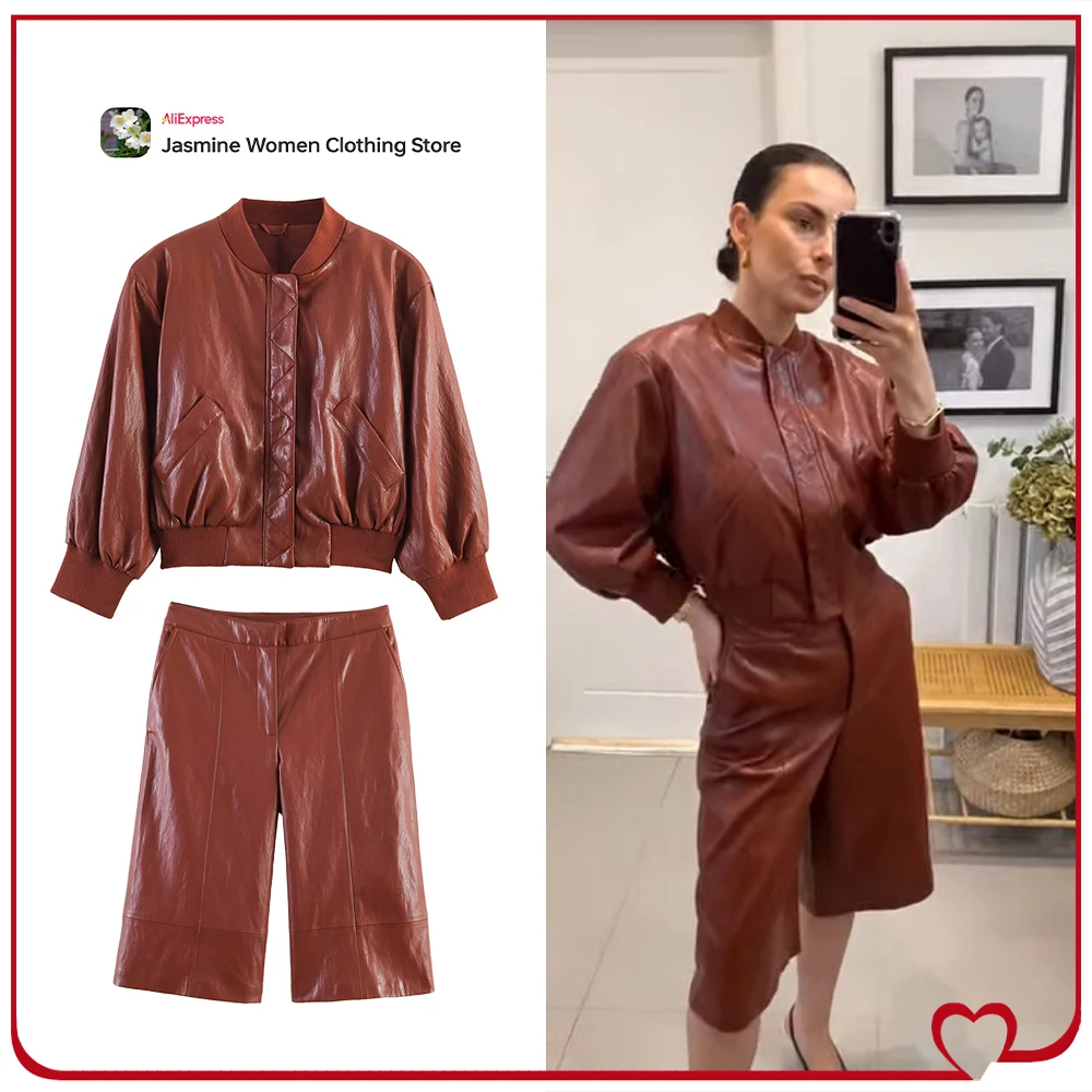 

Stylish Women's Brick Faux Leather Short Sets Faux Leather Bomber Jacket with Sleeves Below The Elbow Matching Tonal Long Shorts