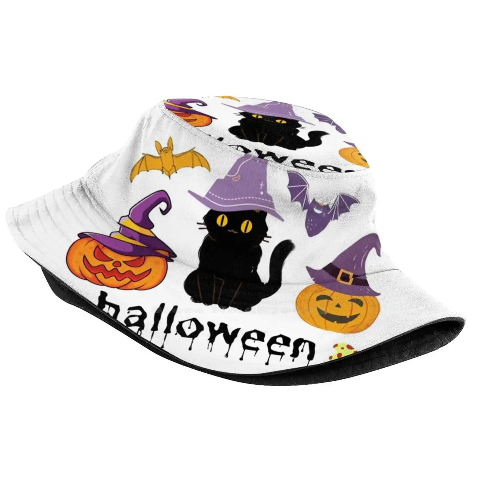 Halloween , Happy , Halloween Cat , Foldable Panama Bucket Hat Cap Happy Halloween Trick Or Treat October Scary Horror Pumpkin