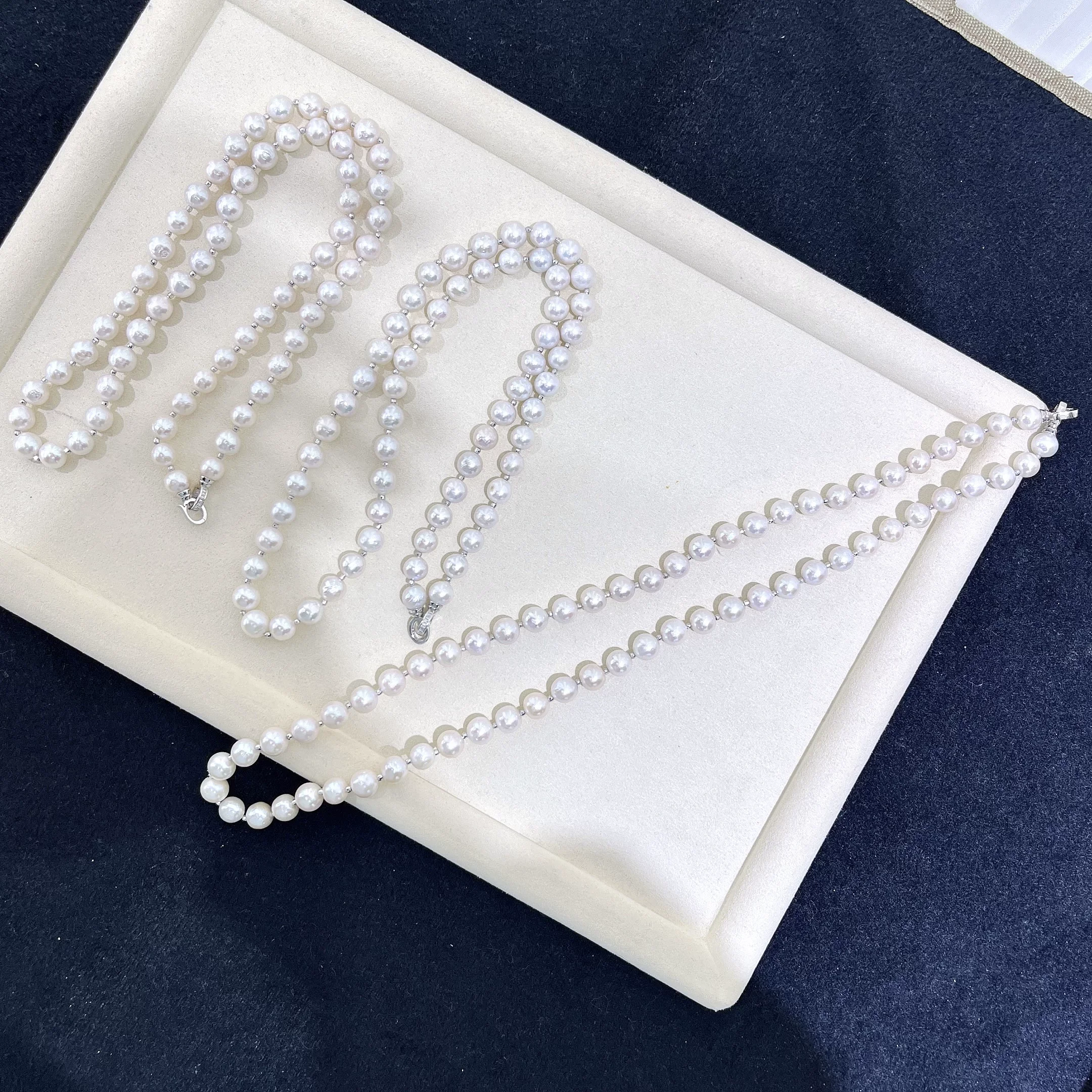 Classic necklace AAA8-9mm natural white pearl with silver beads in the middle spaced necklace 18in/925s