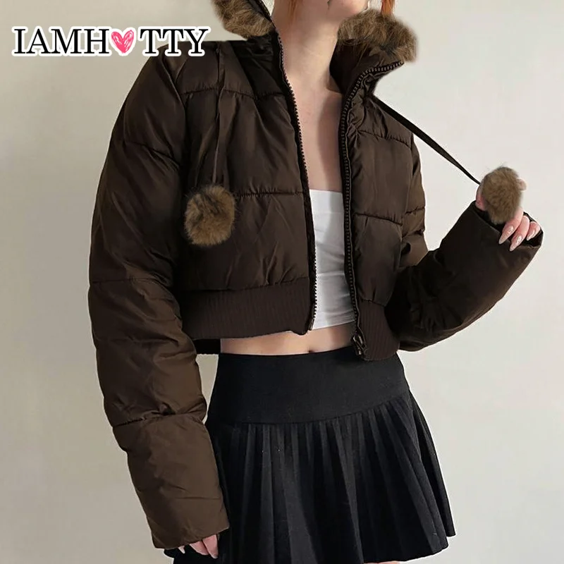 

IAMHOTTY Faux Fur Hooded Padded Jacket Winter Furry Ball Zip-up Quilted Coat Vintage Puffer Down Coats Outerwears Warm Parkas