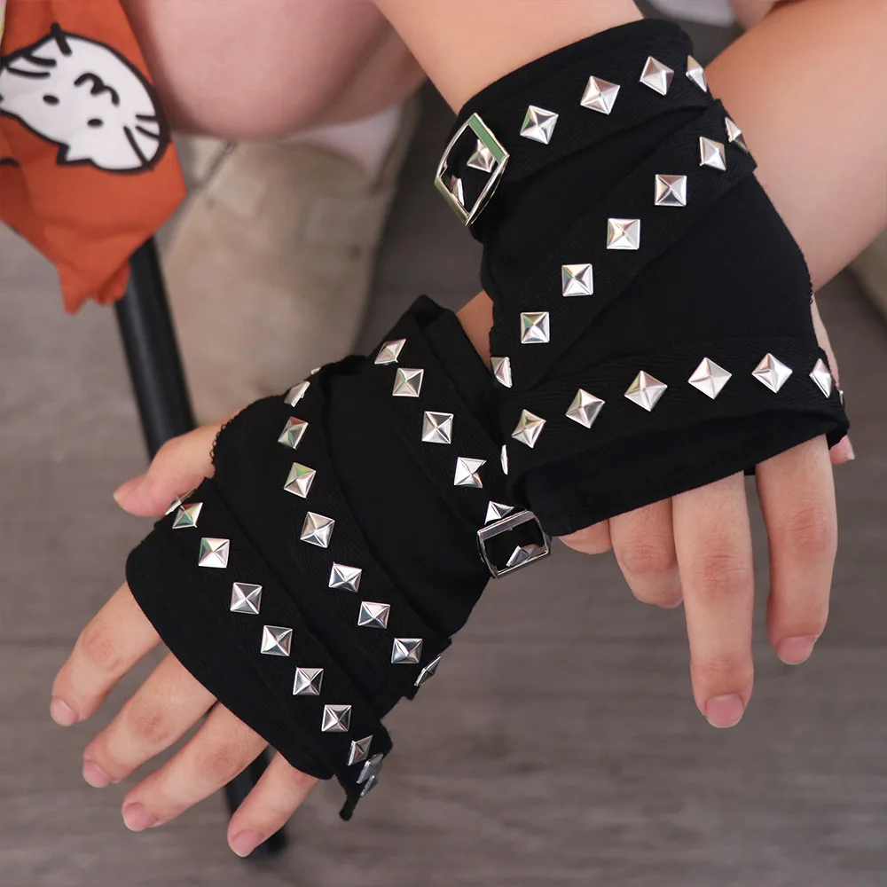 

Elastic Rope Cross Rivet Gloves Korean Style Hip hop Fingerless Gloves Harajuku Gothic Short Arm Warmer Couple