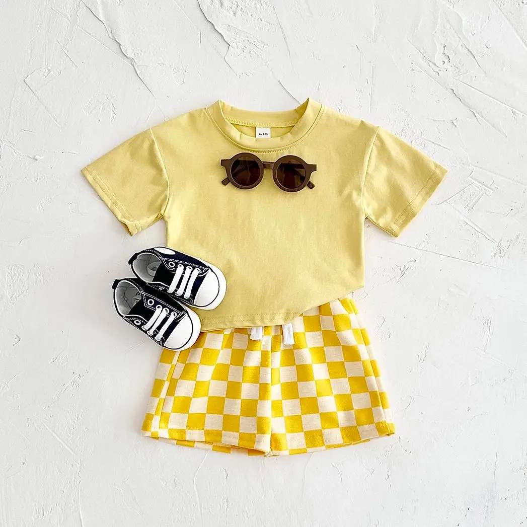 Ins Summer Newborn Boys Girls Clothing Baby Set Solid Short Sleeved T-shirt+Checkerboard Shorts Cotton Casual 2PCS 0-3Y