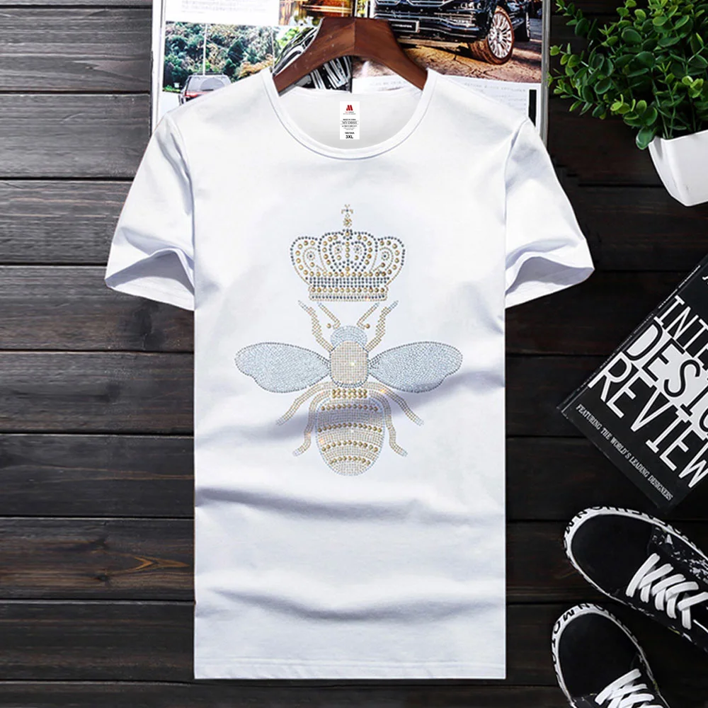 2024 New Arrivals Casual Female T shirts Women Crown Bee diamond T Shirts Fashion Beaded Black / white rhinestone Ladies T-shirt