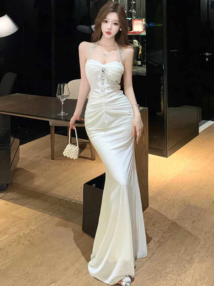 

White Mesh Elegant Diamonds Neck-mounted Sexy Dress for Women Autumn Winter Bodycon Festival Dress 2025 Korean Vintage Vestidos