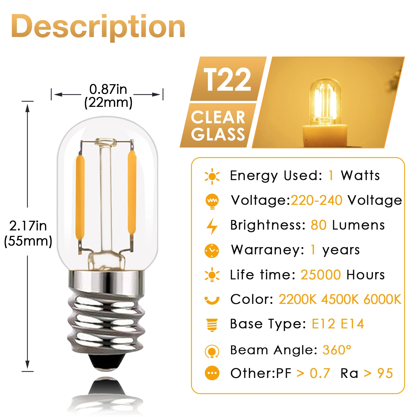 Sphoon E12 E14 220V LED Filament Tubular Night Light Bulbs Dimmable 1W 2200K 4500K 6000K Daylight Home Decor Vintage Small Bulb