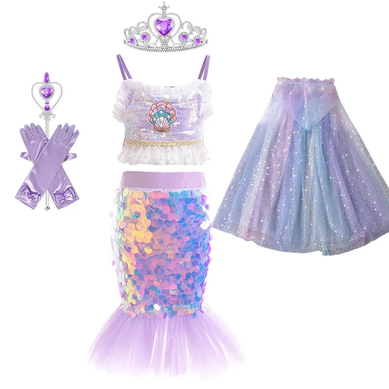 

Girl Mermaid Cosplay Dress Under The Sea Characters Costume Girls Sleeveless Sequin Two Piece Ball Gown Carnival Party Outfits