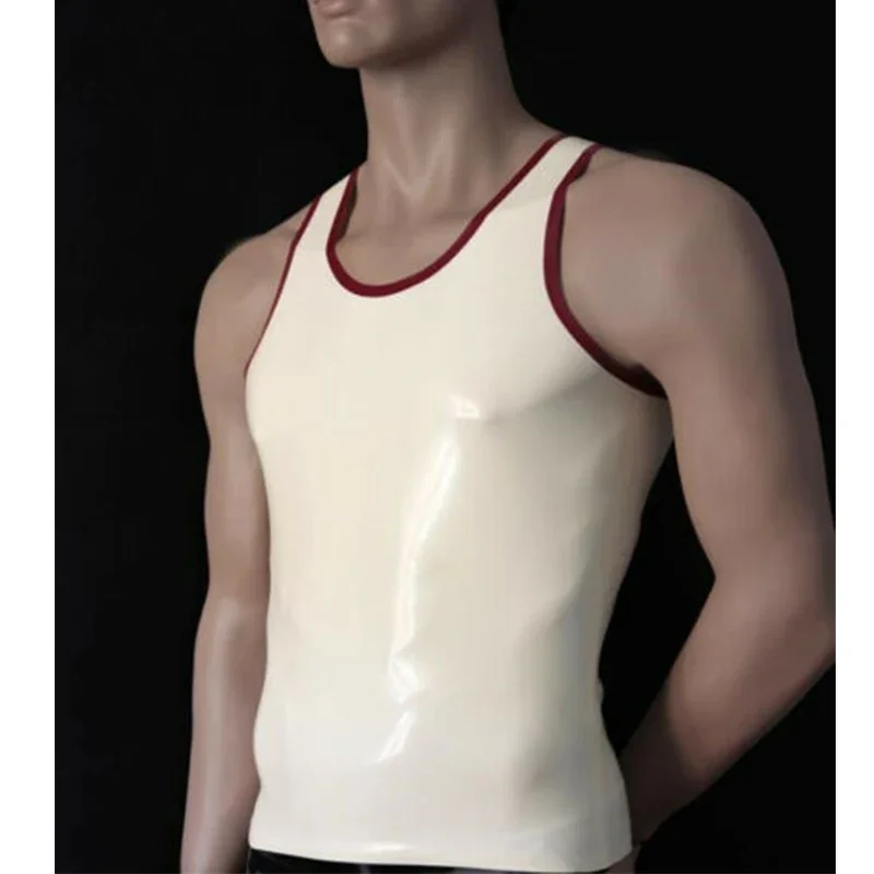 Latex Vest Top Gummi Sleeveless Rubber T-Shirt Vintage White with Red Basic Classic XS-XXXL Customize .4mm