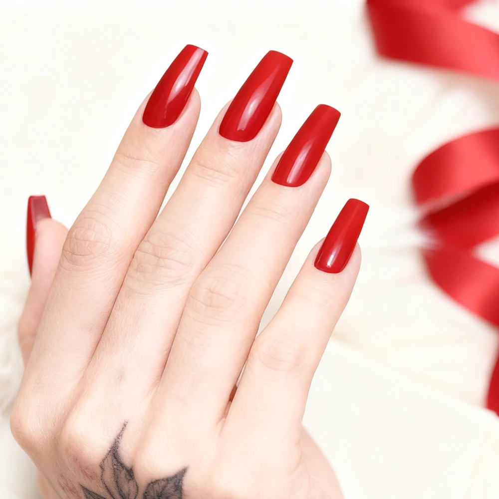 반짝이는 짙은 빨간색 아크릴 인조 손톱 팁, 접착제 포함, 여성용 짧은 발레리나 코핀 모양 프레스온 네일, 매니큐어 액세서리