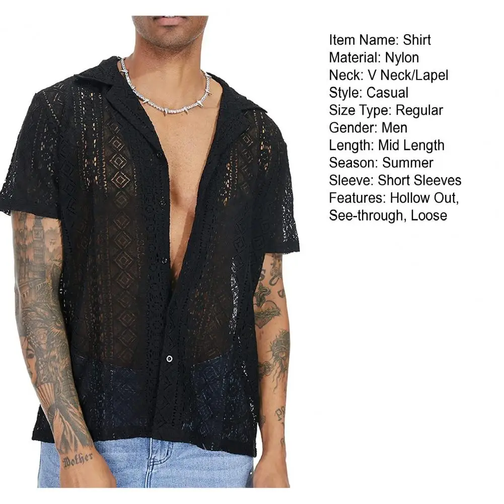 Cotton Sheer Openwork Men Shirts See-through Mesh Sexy Lace Short Sleeves Transparent T-shirt Summer Tops Solid Trendy Cardigan