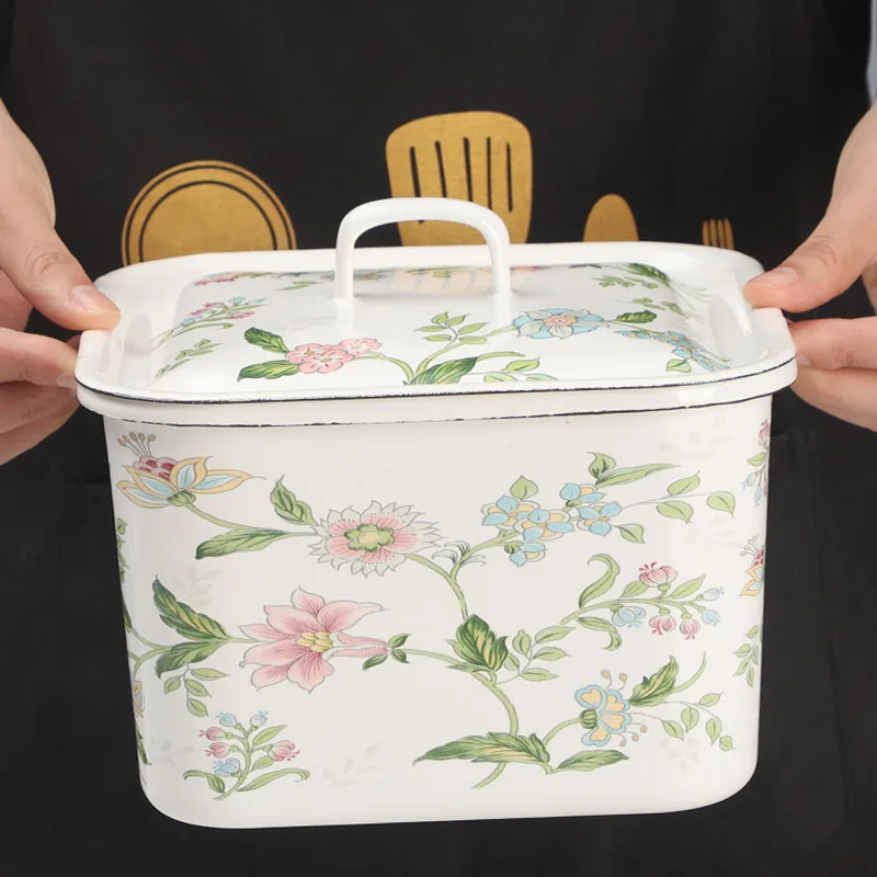 

Enamel Storage Canister - Vintage Floral Iron Container with Lid, Airtight Food Jar for Dry Fruits/Bread, Kitchen Organizer