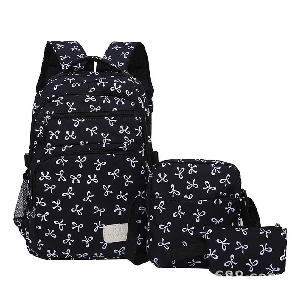 

Daypack Three-piece School Bag Set Large Capacity Casual Nylon Bow Backpack Durable Polyester Students School Bag for Gift