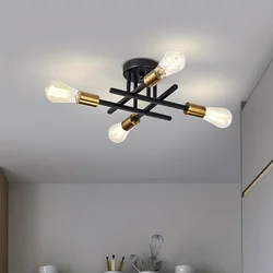 Modern Semi Flush Mount Ceiling Light Fixture Black & Gold 4 Lights Sputnik Close to Ceiling Light Chandelier Ceiling Lamp