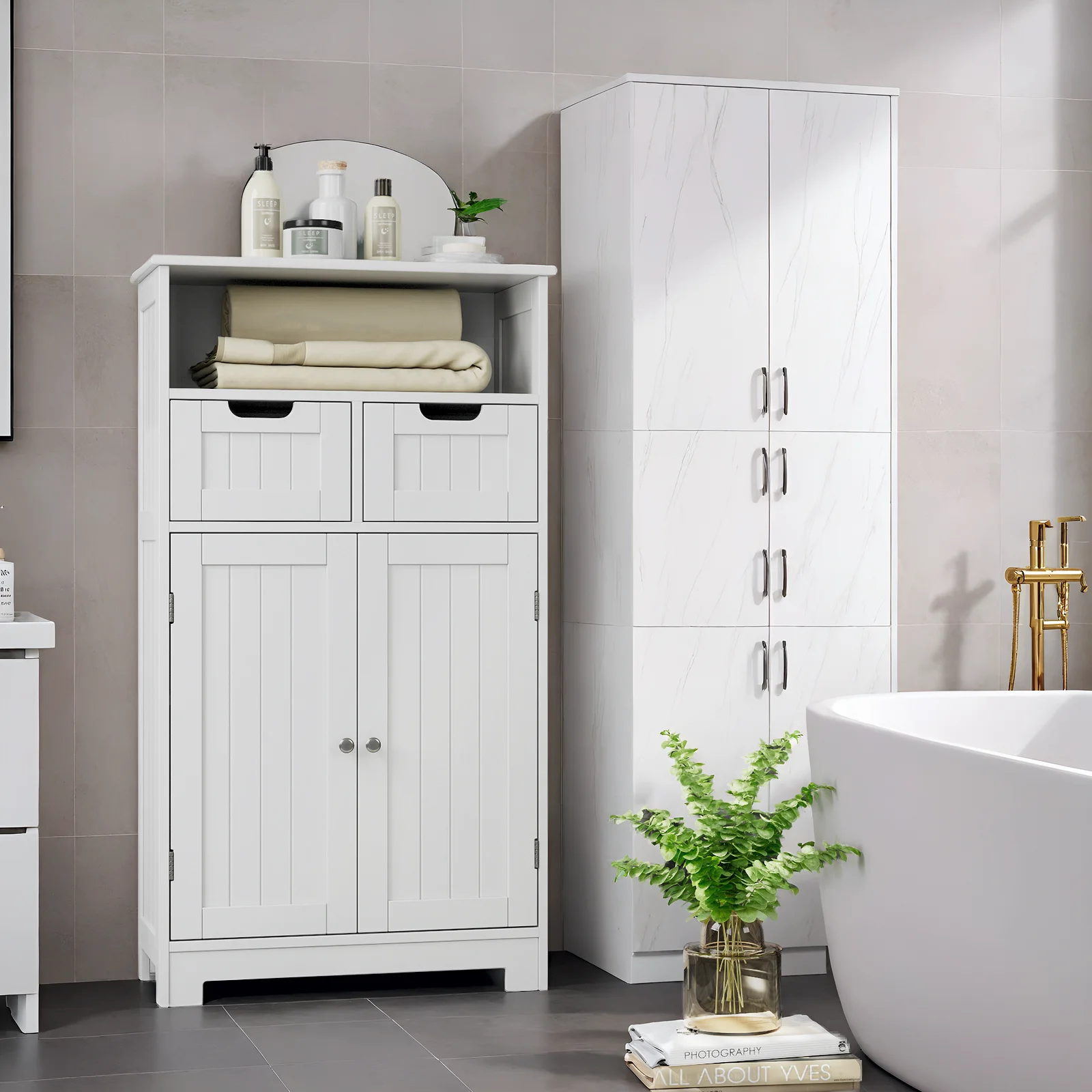 Badezimmerschrank, Badschrank mit 2 Schubladen und 2 Türen, Aufbewahrungsschrank mit verstellbaren