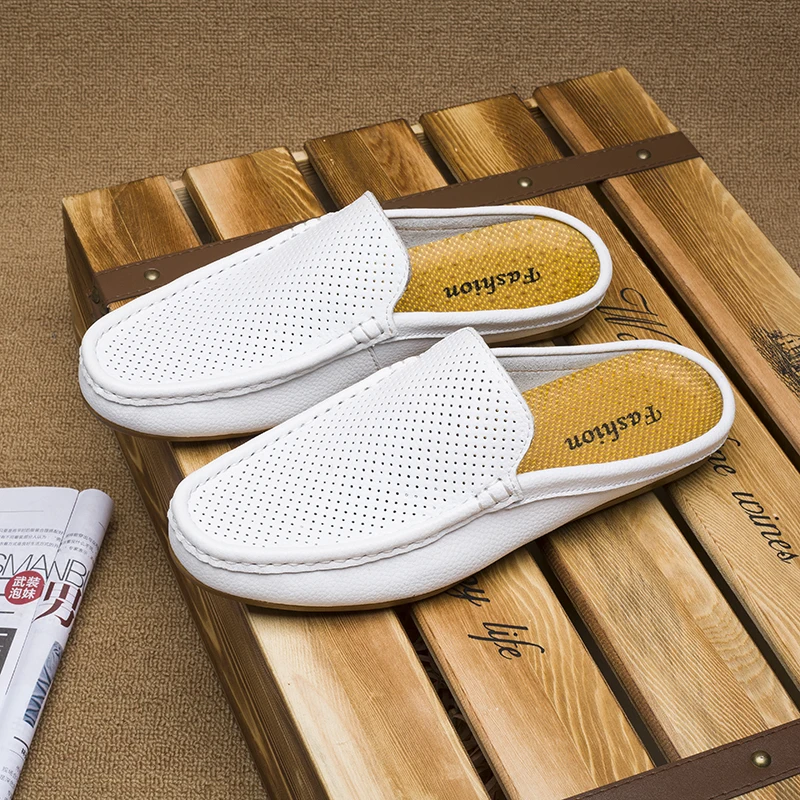 

Кожаные сабо, мужские сандалии с закрытым носком, повседневная обувь, летние мужские шлепанцы, лоферы без шнуровки на плоской подошве с открытой спиной, тапочки, получешки для мужчин