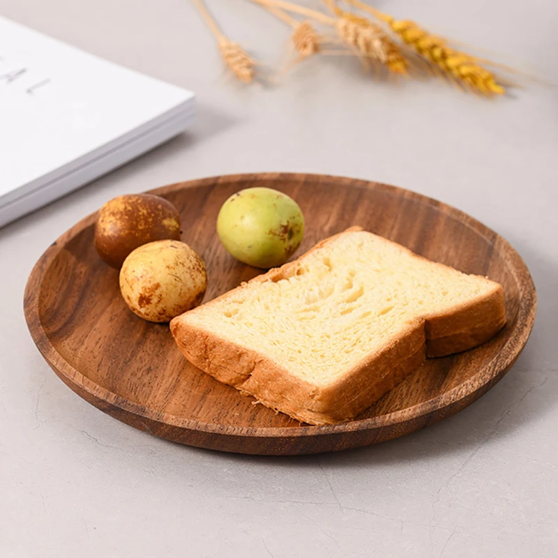 2026 10-24cm Japanese Acacia Wood Round Tray Fruit Plate Solid Wood Plate Restaurant Home Accessories Decorative Cake Plate Hot