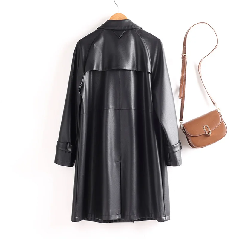 2025 hochwertige Leder Trenchcoat frauen Langen Mantel Herbst Winter Zweireiher PU Windjacke Lose Tops Dame Mäntel