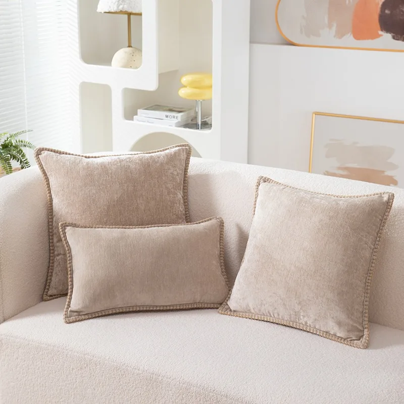 Solid Color Blue Chenille Throw Pillow Case Luxury Lumbar Pillowcase for Bed Sofa Couch Cushion Cover with Stitched Edge Home