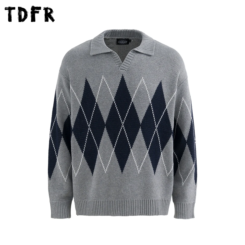 Suéter de Jacquard a cuadros con rombos para hombre, Jersey de punto de manga larga con solapa holgada informal Retro para otoño e invierno