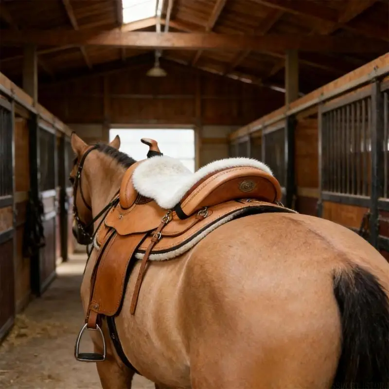 U2JB Horse Saddles Pad with Long-Pile White Fabric, Inner Cushioning Layer, and Shaped Form for Routine Training, Trail Outings