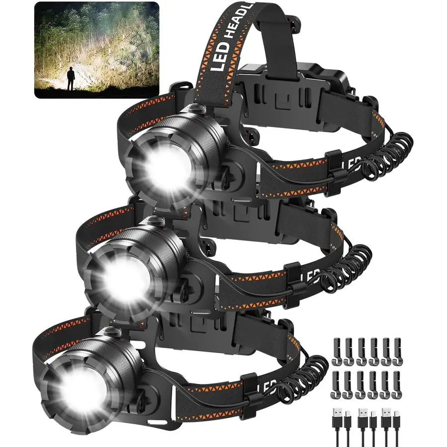 

KYEKIO 3Pack Rechargeable Headlamps for Adults, 9900L Super Bright Head Lamps LED Rechargeable, 4Mode Head Lights for Forehead