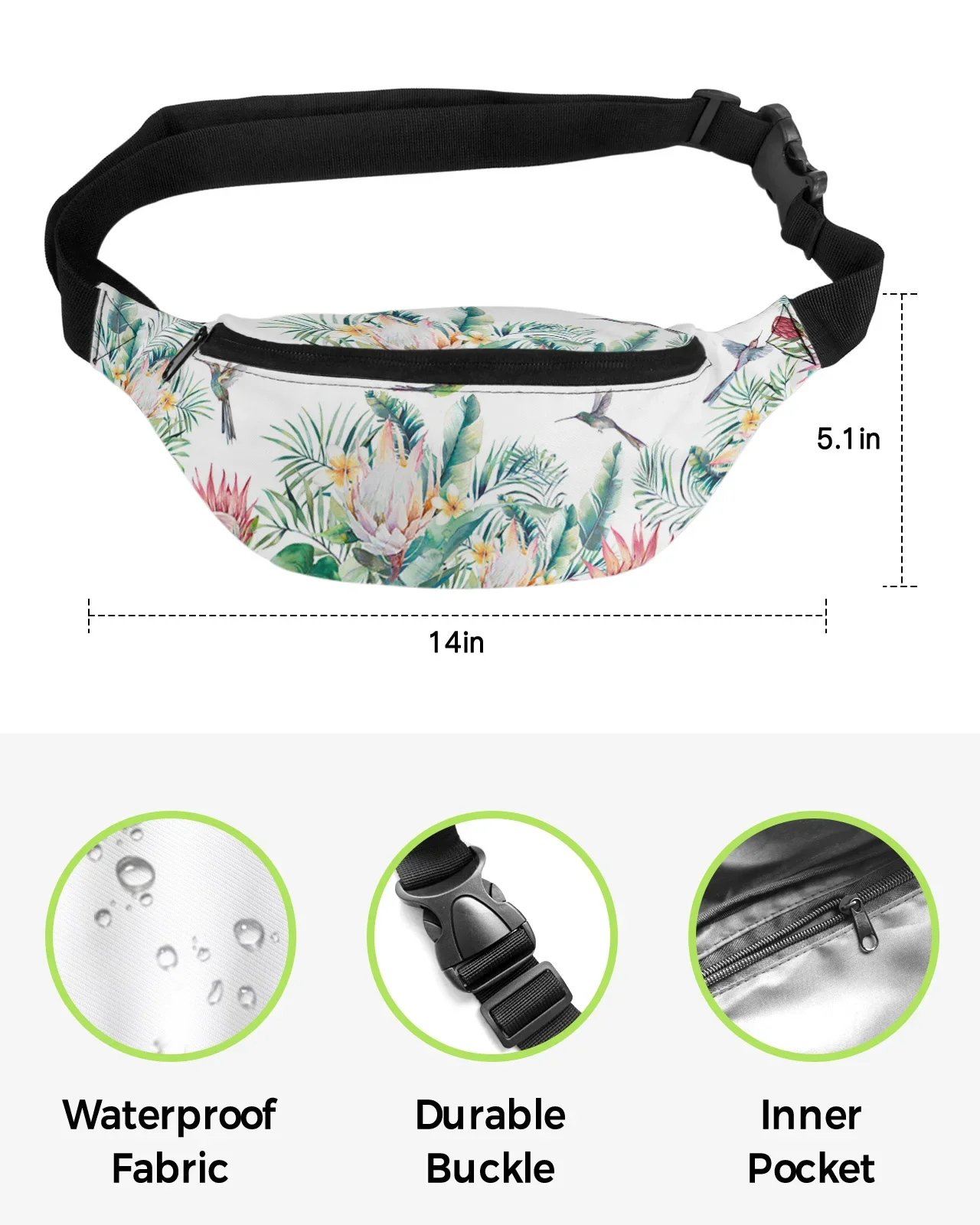 Riñonera impermeable para hombre y mujer, bolsa de cintura con diseño de plantas tropicales idílicas, flores, colibrí, plátano, a la cadera