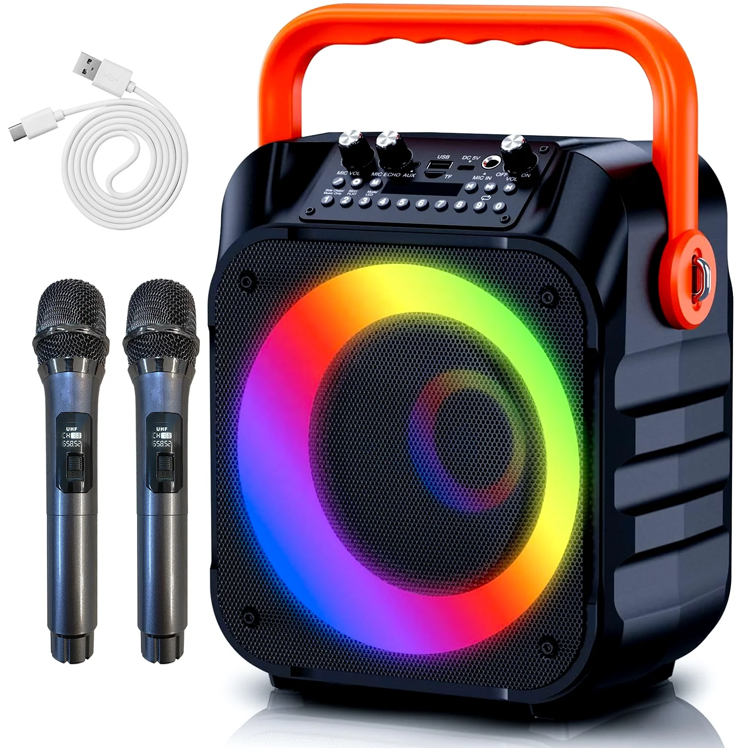 2024 AMZ أفضل بائع آلة الكاريوكي المحمولة مع اثنين من اللاسلكية لميكروفونات بلوتوث RGB LED الإضاءة للحفلات