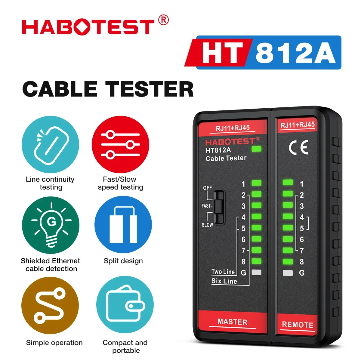 HABOTEST HT812A Cable Tester Dual-use RJ11 RJ45 Network Cable Tester with LED Status Display for NC/HDMI Repair