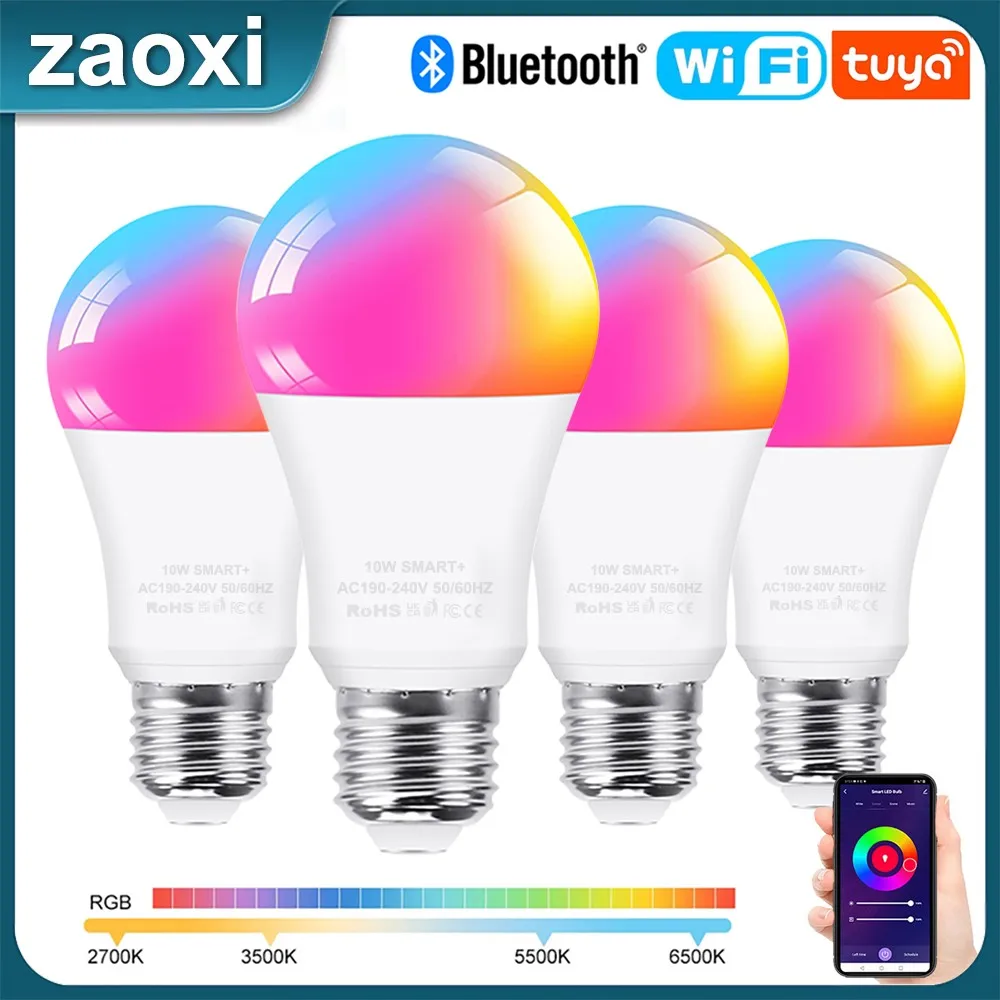 ZAOXI Tuya WIFI/Bluetooth LED Smart Light Bulb E27 7W/9W/10W/15W RGB 2700-6500K Bulbs Works With Alexa Google Home Voice Control