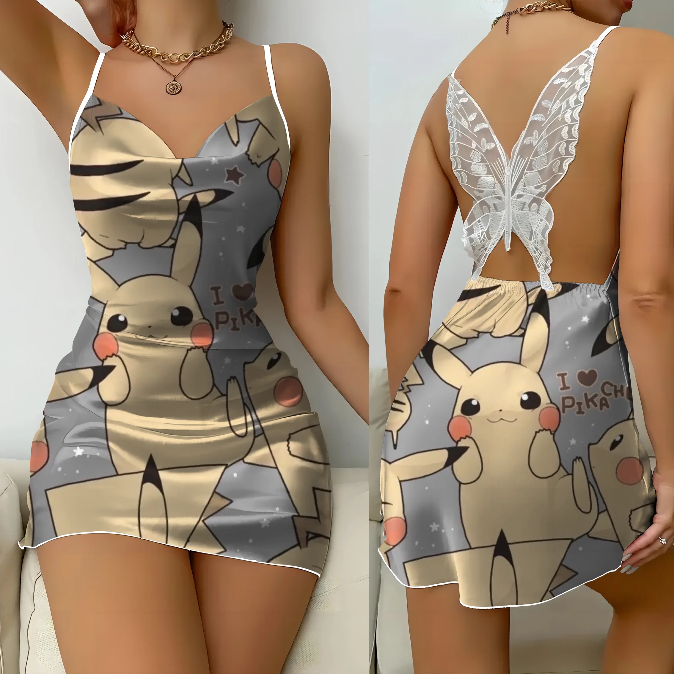 Pikachu Backless Dress Womens Summer Dresses Lettuce Trim Club Outfits Women Sexy Shop Products Crew Neck Fashion 2024 Elegant