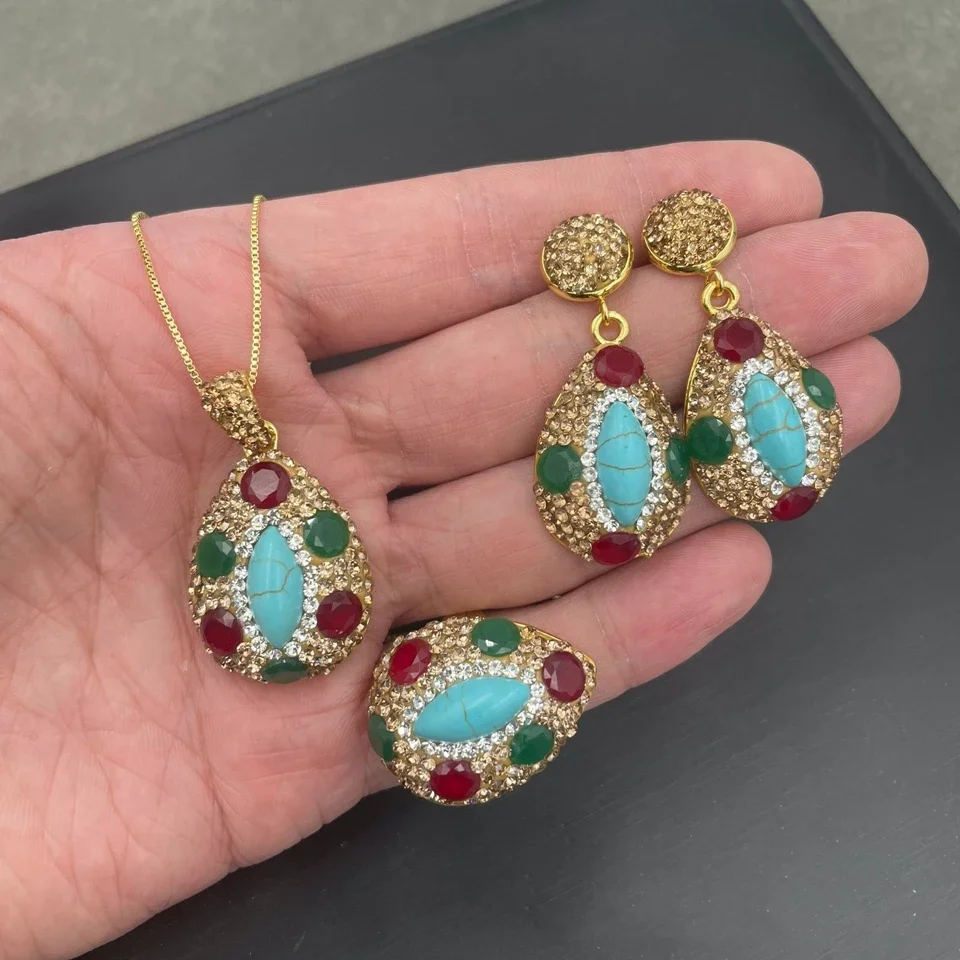 Farbe Strass Türkis Quarz Strang Halskette Ring Ohrring Set Türkische Frauen Luxus Schmuck Sets Muttertag Geschenk