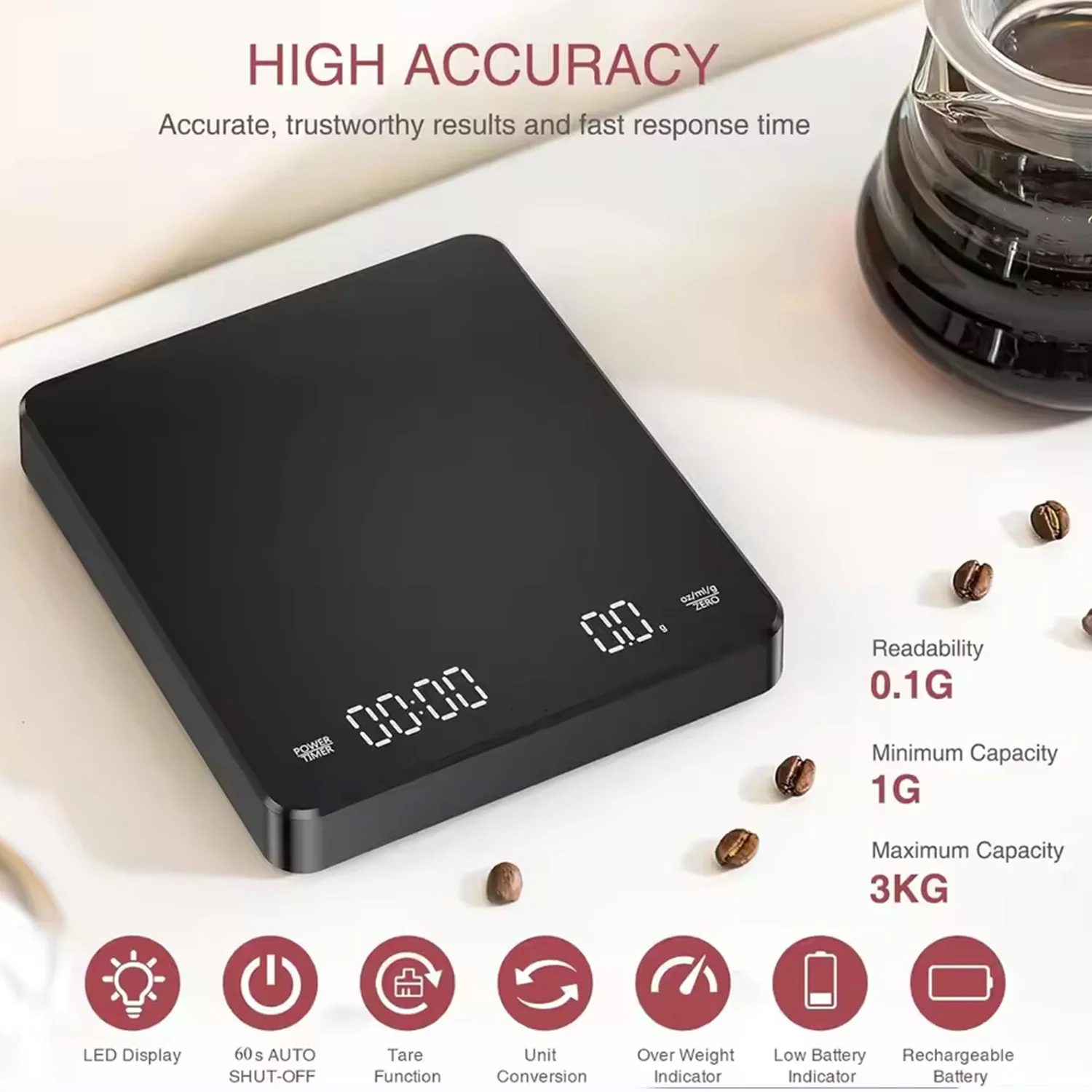 أحدث 2026 نموذج مخزن مرآة سوداء صغيرة جديدة قهوة اسبريسو مقياس المطبخ مع الوقت USB مقياس رقمي خفيف الوزن #2