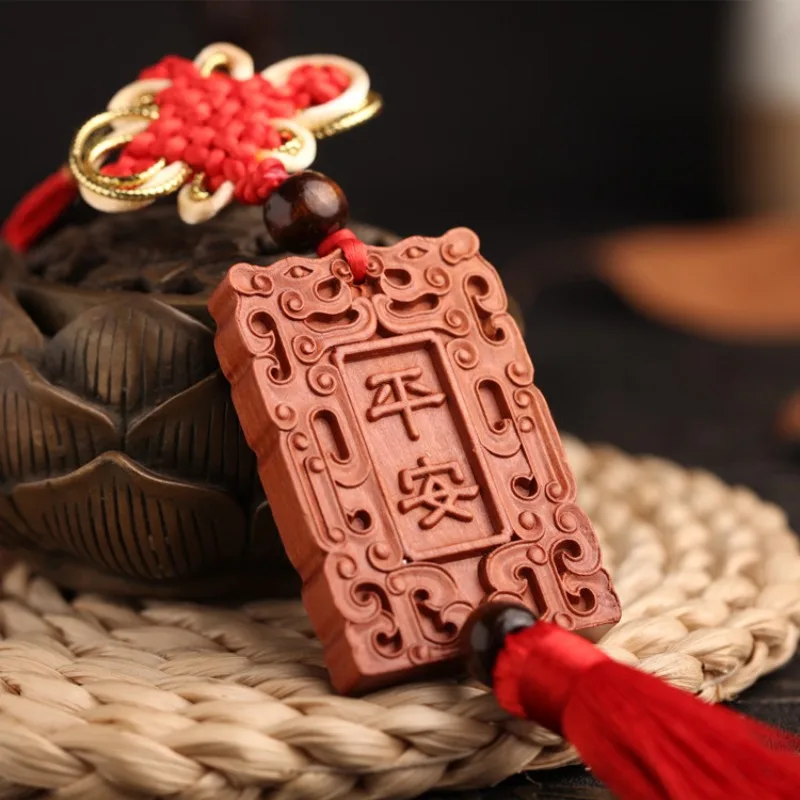 Wood Carving Chinese Knot Guan Gong Yu Car Pendant Amulet Martial god of wealth