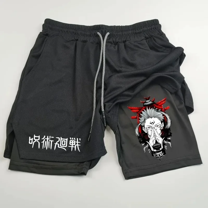 Jujutsu Kaisen Anime Graphic 2-in-1 Compression Shorts for Men Quick Dry Lightweight Gym Performance Shorts Athletic Activewear