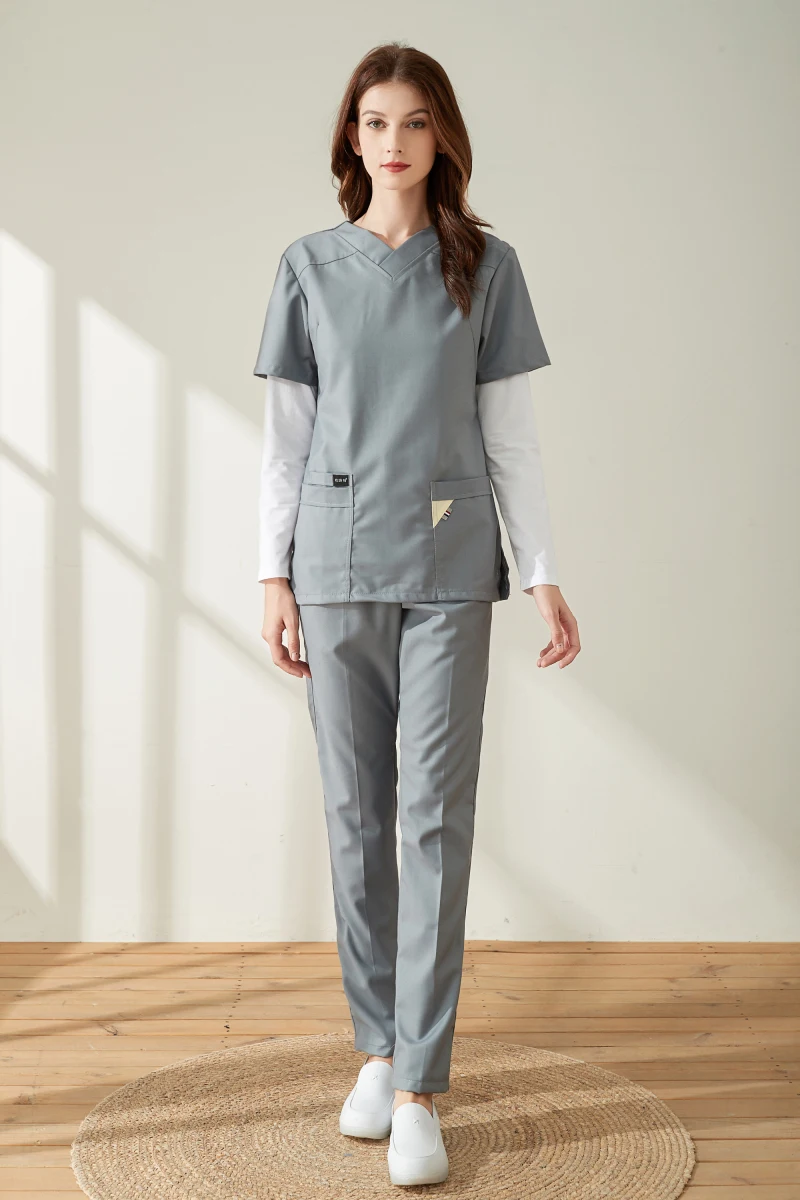 Summer High Collar Short Sleeve Scrubs Uniform For Women And Grey Color Dental Clinic Nurse Working Clothes Set Slim Fit