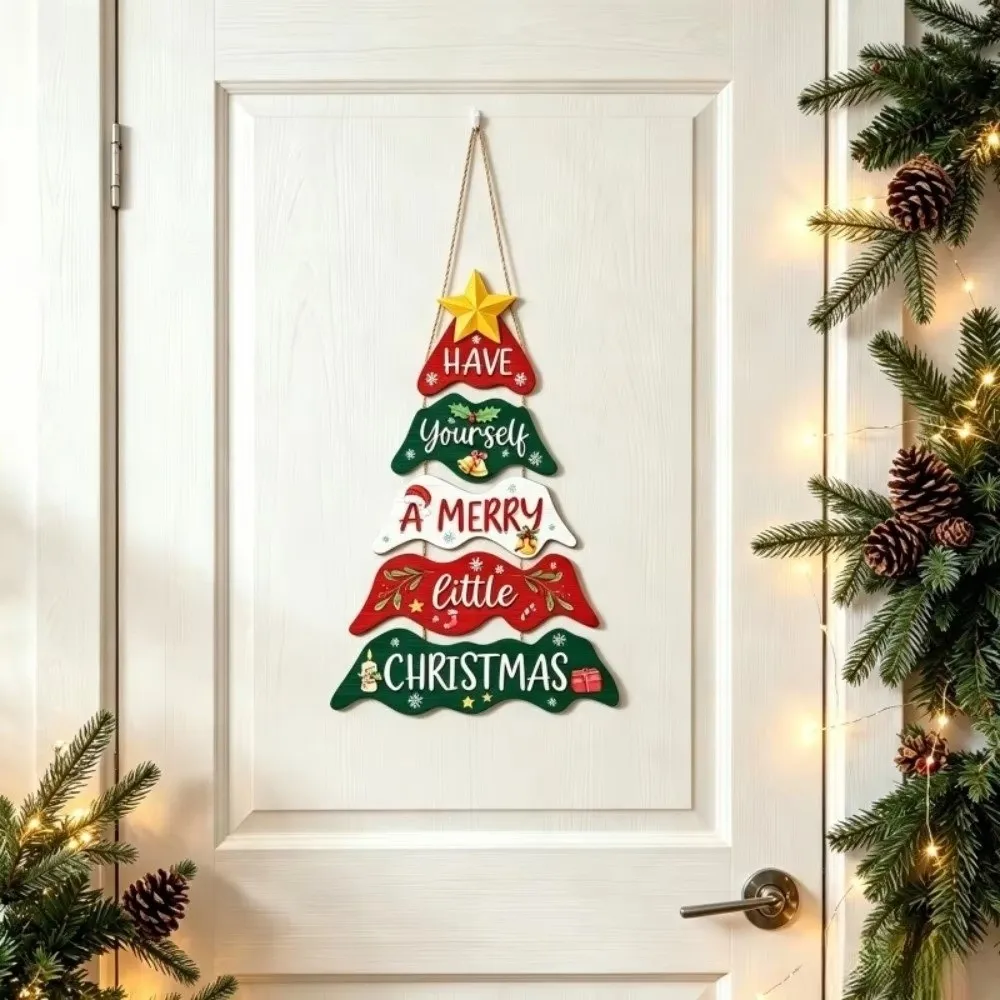 Merry Christmas Multi-layered Xmas Hanging Door Pendant Wooden Christmas Tree Pendant Hanging Welcome Board Mantel
