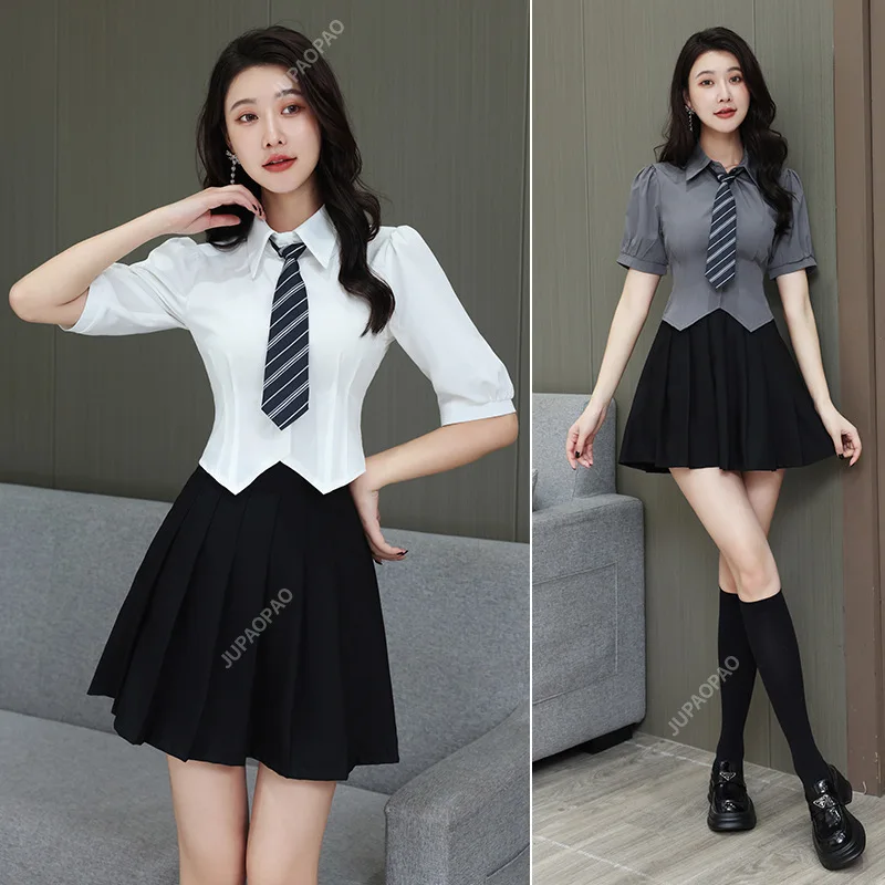 New Jk White Women Shirt Sexy Puff Sleeve Crop Top Tunic Summer Irregular Preppy Style Student Tops School Fashion Tie Suit