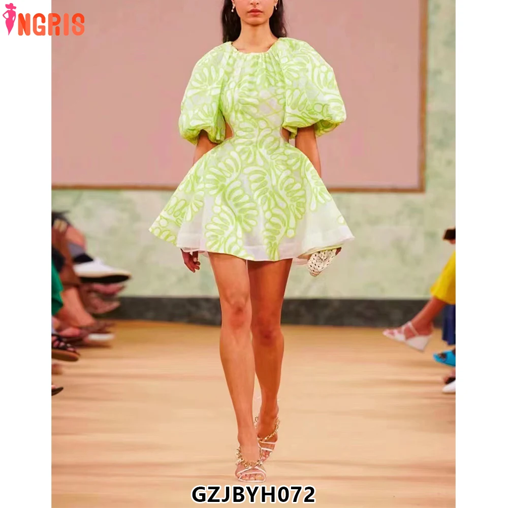 

100% Organza Embroidery Puff Sleeve Round Neck Women Mini / Midi Party Dresses-GZJBYH072