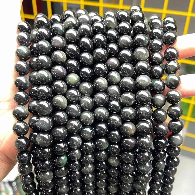 5A Smooth Natural Stone Beads Black Obsidian Round Loose Spacer Bead For Jewelry Making DIY Charm Bracelets Necklace Accessories