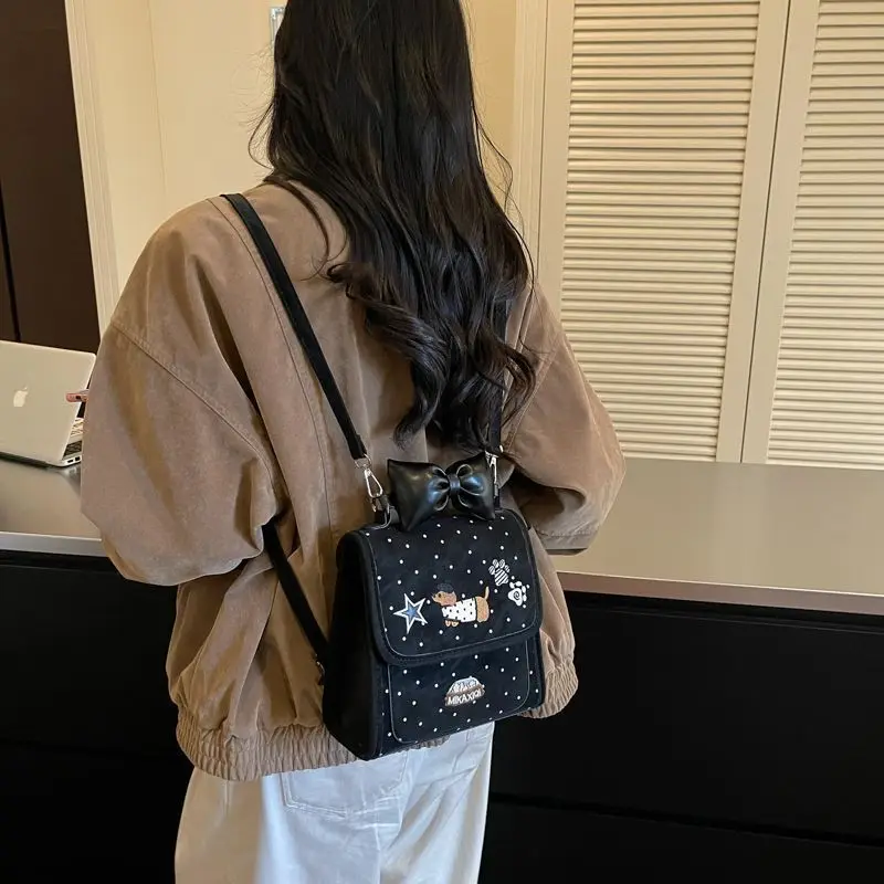 2-in-1 Cute Y2K Kawaii Mini Backpack Girls Detachable Shoulder Bag, Polka Dot Bow Dachshund Embroidery Small Purse for Kids Teen - view 4