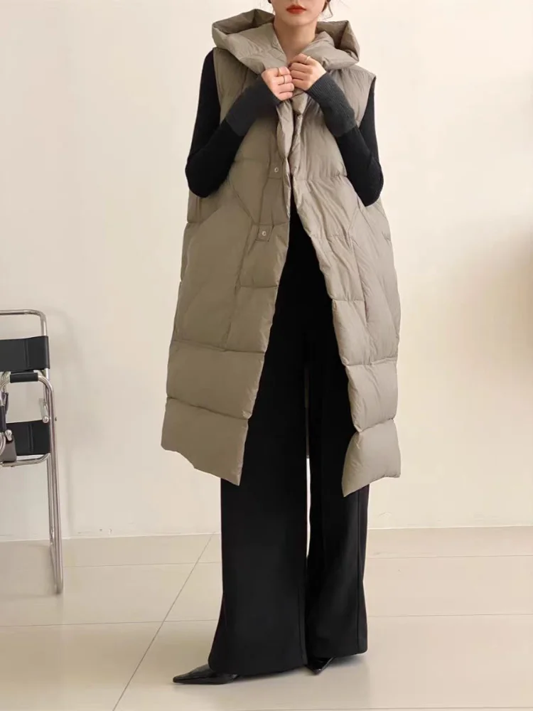 Hooded Waistcoat Classy Down Vest Thick Windproof Warm Outerwears Korean Fashion Sleeveless Women Jacket Long Vest Coats Down