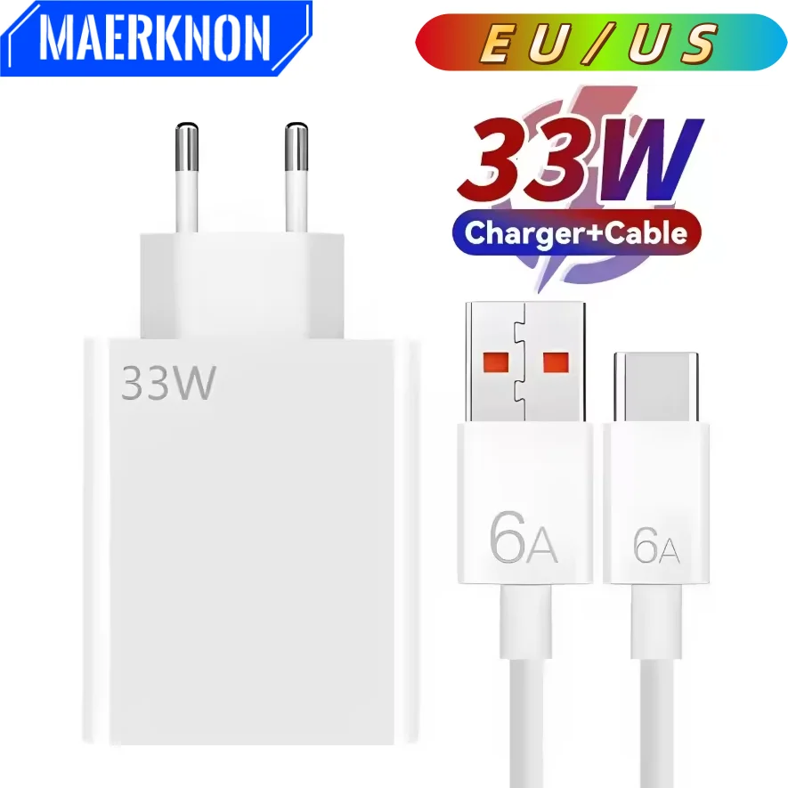 

33W USB Fast Charger Quick Charge 3.0 Wall Adapter Portable Travel Charger With Type C Data Cable For Xiaomi 14 Huawei Samsung